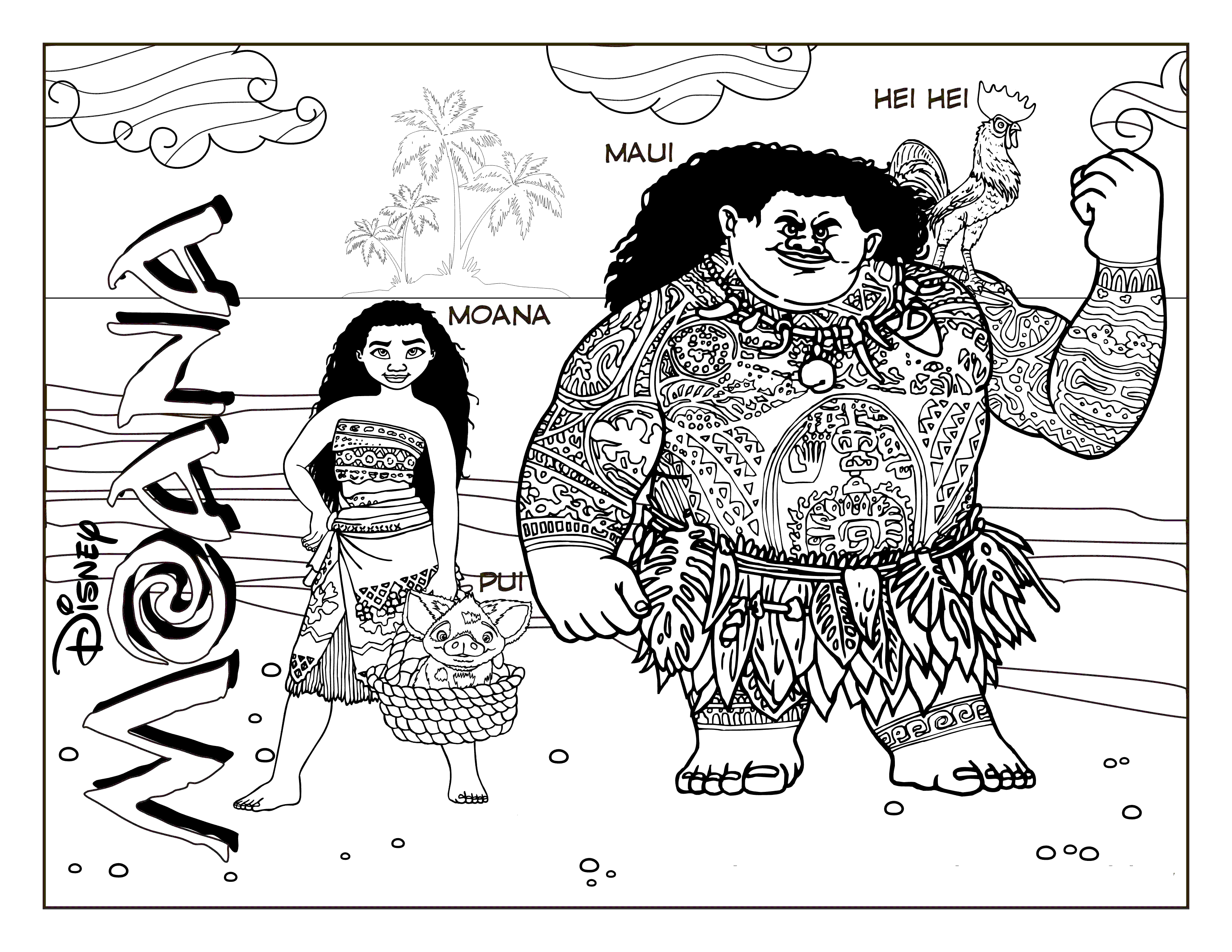 розмальовка Ваяна, Мауї, Пуа і Хей-Хей